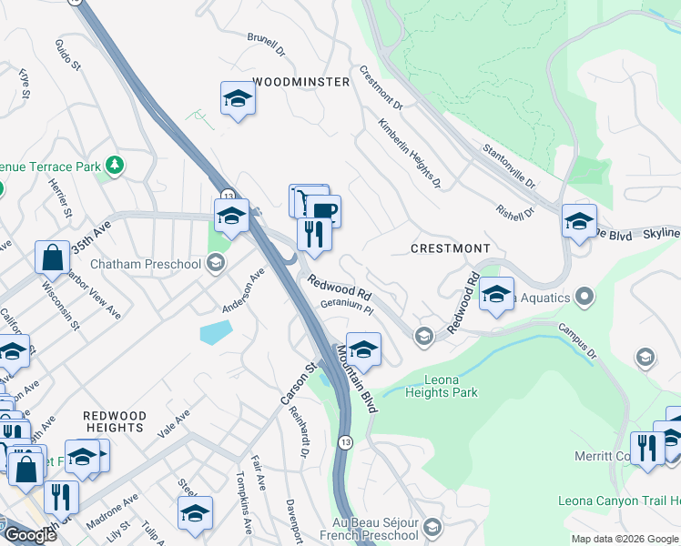 map of restaurants, bars, coffee shops, grocery stores, and more near 4230 Terrabella Way in Oakland