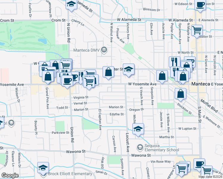 map of restaurants, bars, coffee shops, grocery stores, and more near 842 West Yosemite Avenue in Manteca