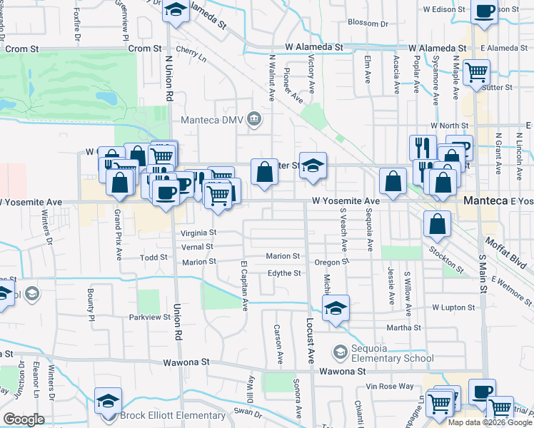 map of restaurants, bars, coffee shops, grocery stores, and more near 842 West Yosemite Avenue in Manteca