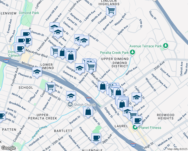 map of restaurants, bars, coffee shops, grocery stores, and more near 3059 Florida Street in Oakland