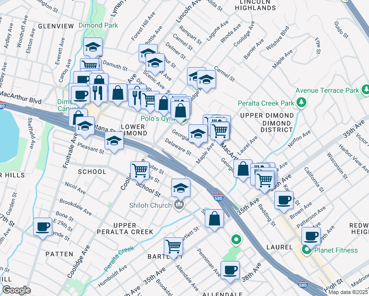 map of restaurants, bars, coffee shops, grocery stores, and more near 2882 Delaware Street in Oakland