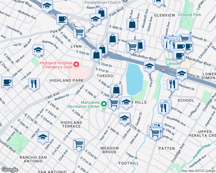 map of restaurants, bars, coffee shops, grocery stores, and more near 2050 East 30th Street in Oakland