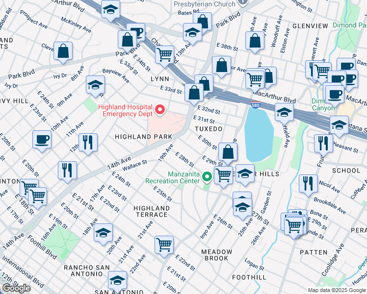 map of restaurants, bars, coffee shops, grocery stores, and more near 2820 19th Avenue in Oakland