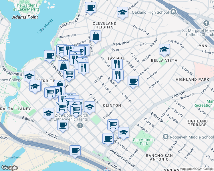 map of restaurants, bars, coffee shops, grocery stores, and more near in Oakland