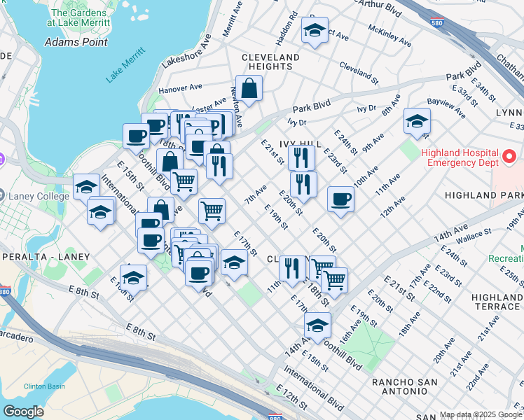 map of restaurants, bars, coffee shops, grocery stores, and more near in Oakland