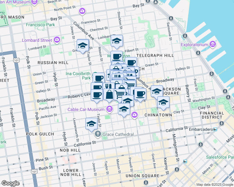 map of restaurants, bars, coffee shops, grocery stores, and more near 1335 Powell Street in San Francisco