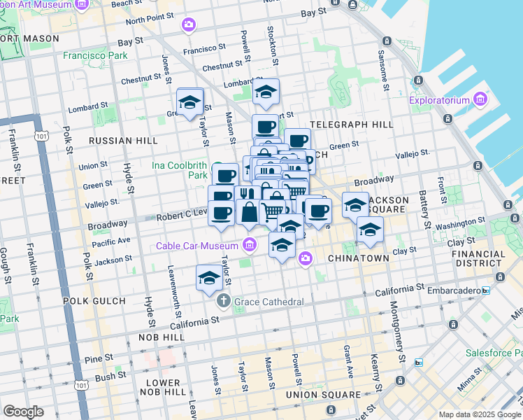 map of restaurants, bars, coffee shops, grocery stores, and more near 1335 Powell Street in San Francisco