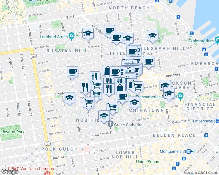 map of restaurants, bars, coffee shops, grocery stores, and more near 968 Broadway in San Francisco