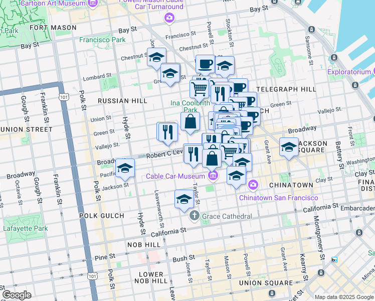 map of restaurants, bars, coffee shops, grocery stores, and more near 999 Robert C Levy Tunnel in San Francisco