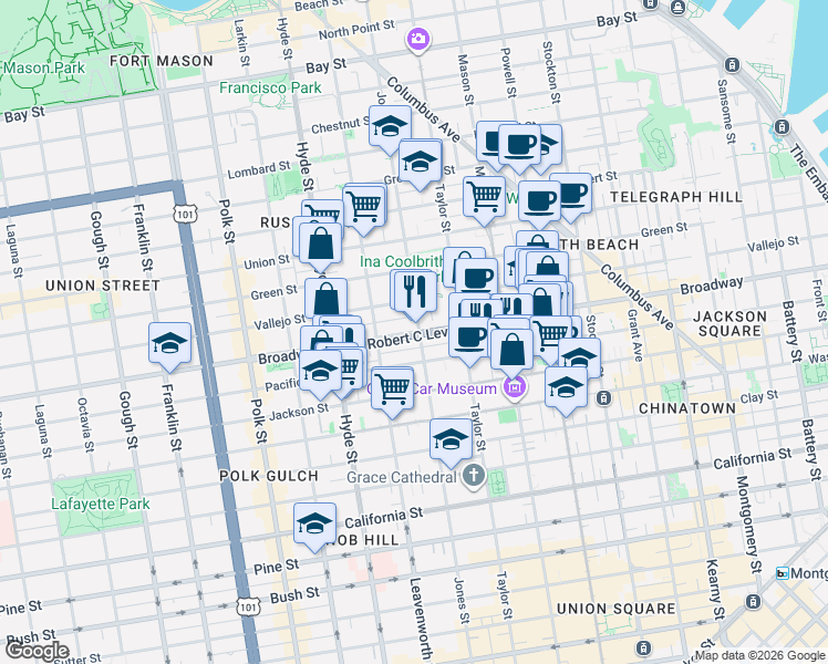 map of restaurants, bars, coffee shops, grocery stores, and more near 1700 Jones Street in San Francisco