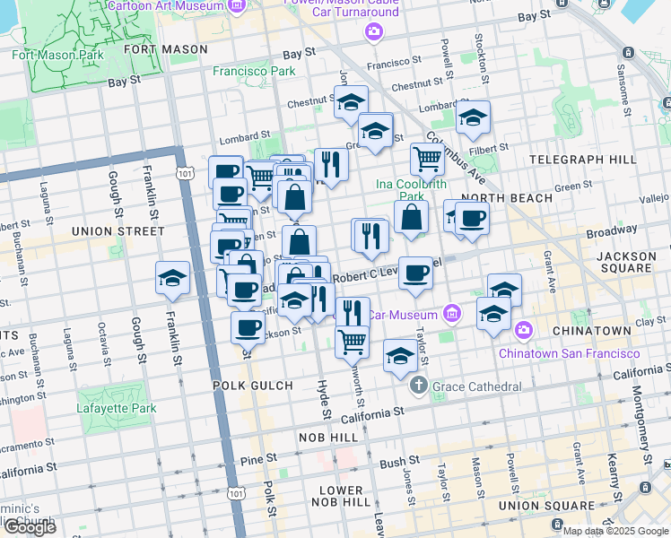 map of restaurants, bars, coffee shops, grocery stores, and more near 81 Glover Street in San Francisco