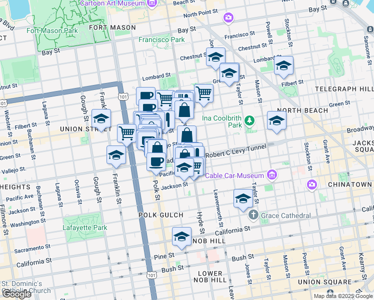 map of restaurants, bars, coffee shops, grocery stores, and more near 1355 Vallejo Street in San Francisco