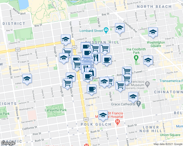 map of restaurants, bars, coffee shops, grocery stores, and more near 1440 Vallejo Street in San Francisco