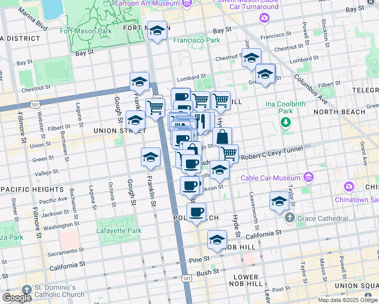 map of restaurants, bars, coffee shops, grocery stores, and more near 1440 Vallejo Street in San Francisco