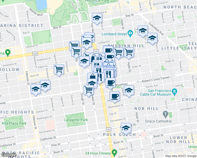 map of restaurants, bars, coffee shops, grocery stores, and more near 2300 U.S. 101 in San Francisco