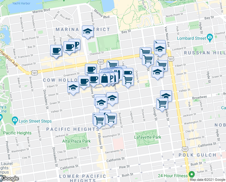 map of restaurants, bars, coffee shops, grocery stores, and more near 2055 Union Street in San Francisco