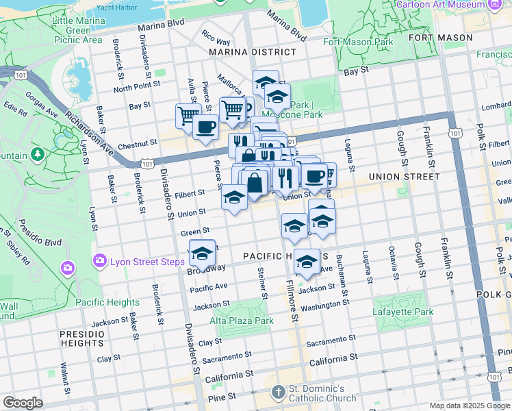 map of restaurants, bars, coffee shops, grocery stores, and more near 2306 Union Street in San Francisco