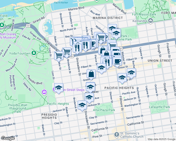 map of restaurants, bars, coffee shops, grocery stores, and more near 2936 Scott Street in San Francisco