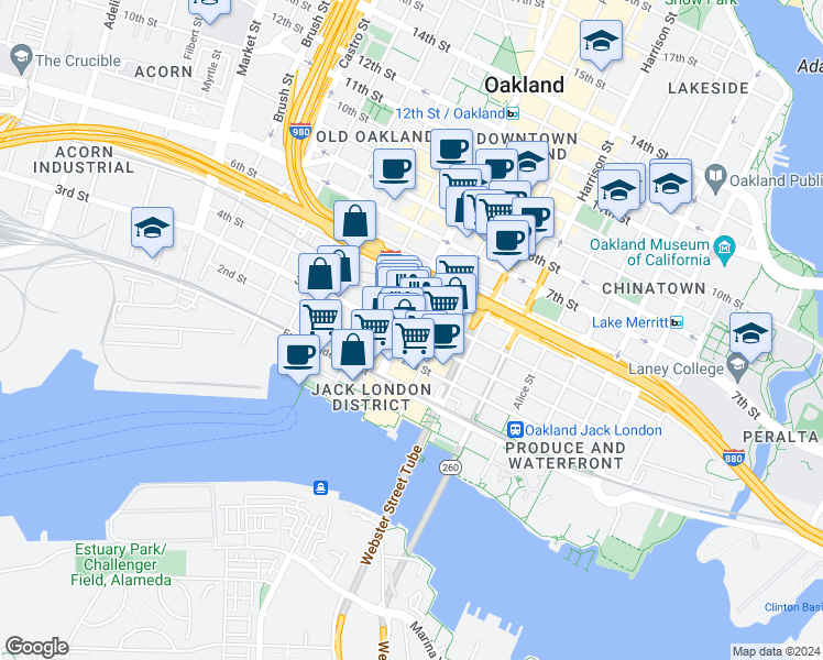 map of restaurants, bars, coffee shops, grocery stores, and more near 300 Broadway in Oakland