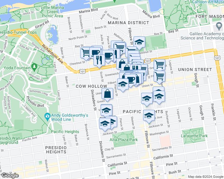 map of restaurants, bars, coffee shops, grocery stores, and more near 2428 Union Street in San Francisco