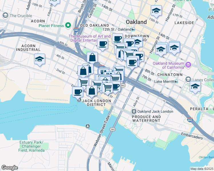 map of restaurants, bars, coffee shops, grocery stores, and more near 300 Broadway in Oakland