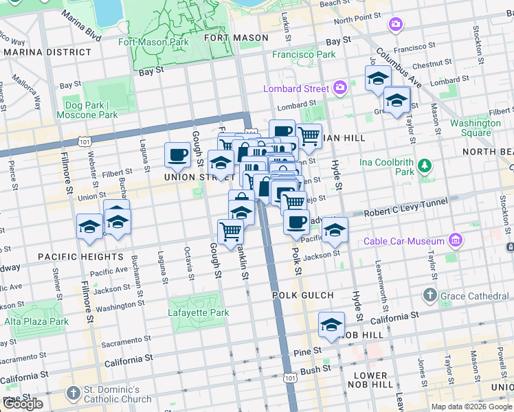 map of restaurants, bars, coffee shops, grocery stores, and more near 2301 Van Ness Avenue in San Francisco