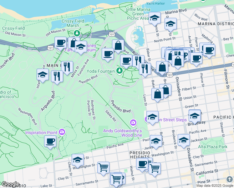 map of restaurants, bars, coffee shops, grocery stores, and more near 5386 Sherman Road in San Francisco