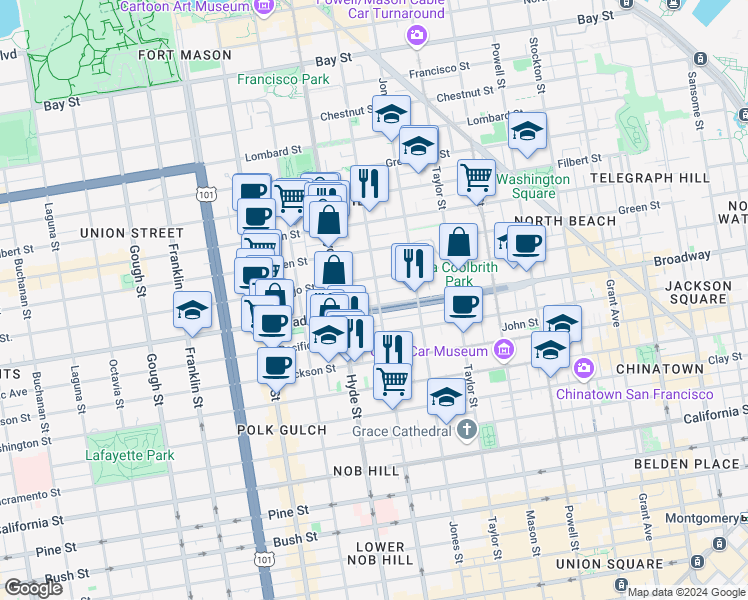 map of restaurants, bars, coffee shops, grocery stores, and more near 1711 Leavenworth Street in San Francisco