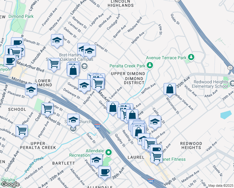 map of restaurants, bars, coffee shops, grocery stores, and more near 3676 Laurel Avenue in Oakland