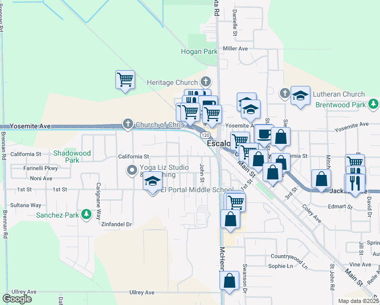 map of restaurants, bars, coffee shops, grocery stores, and more near 1042 California St in Escalon
