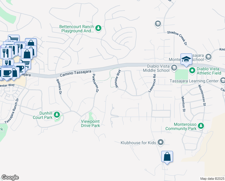 map of restaurants, bars, coffee shops, grocery stores, and more near 69 Jasmine Court in Danville