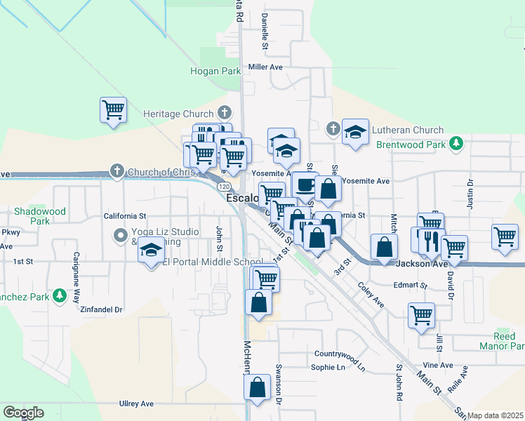 map of restaurants, bars, coffee shops, grocery stores, and more near 1528 Yosemite Avenue in Escalon