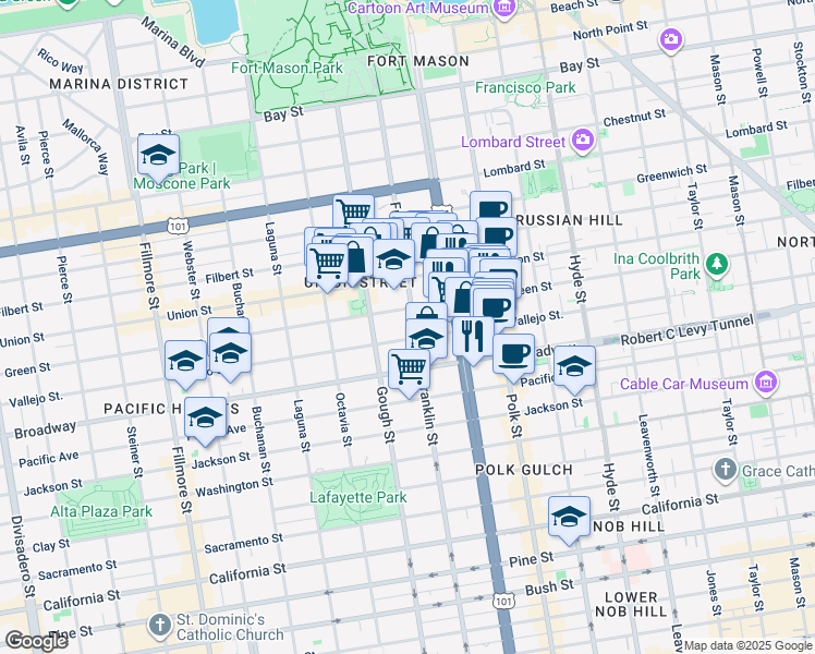 map of restaurants, bars, coffee shops, grocery stores, and more near 2427 Franklin Street in San Francisco