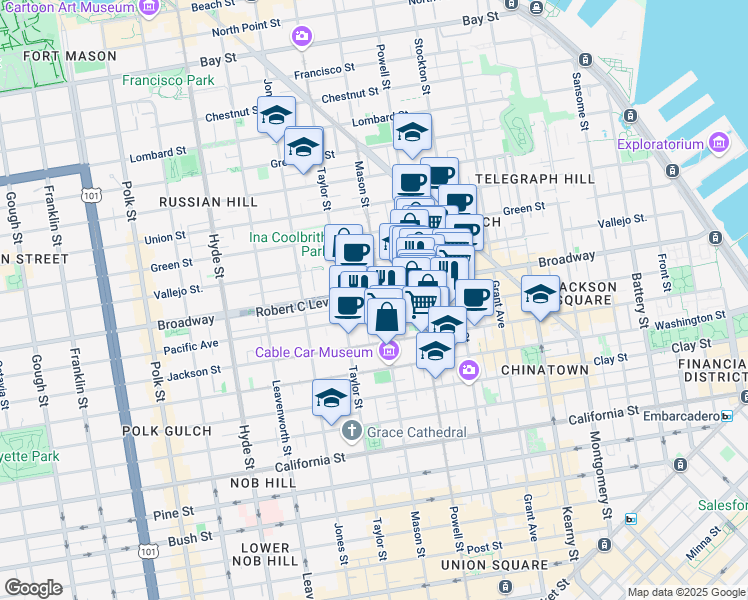 map of restaurants, bars, coffee shops, grocery stores, and more near 1445 Mason Street in San Francisco