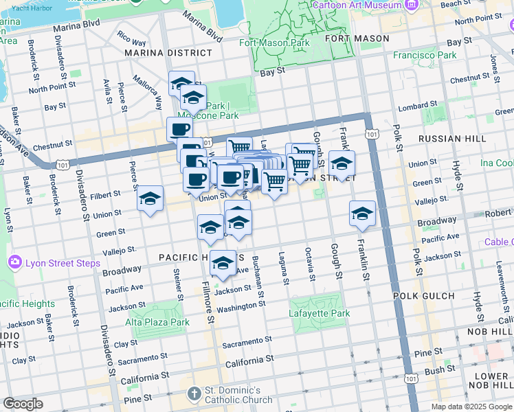 map of restaurants, bars, coffee shops, grocery stores, and more near 1966 Green Street in San Francisco