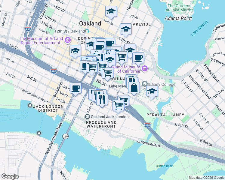 map of restaurants, bars, coffee shops, grocery stores, and more near 602 Jackson Street in Oakland