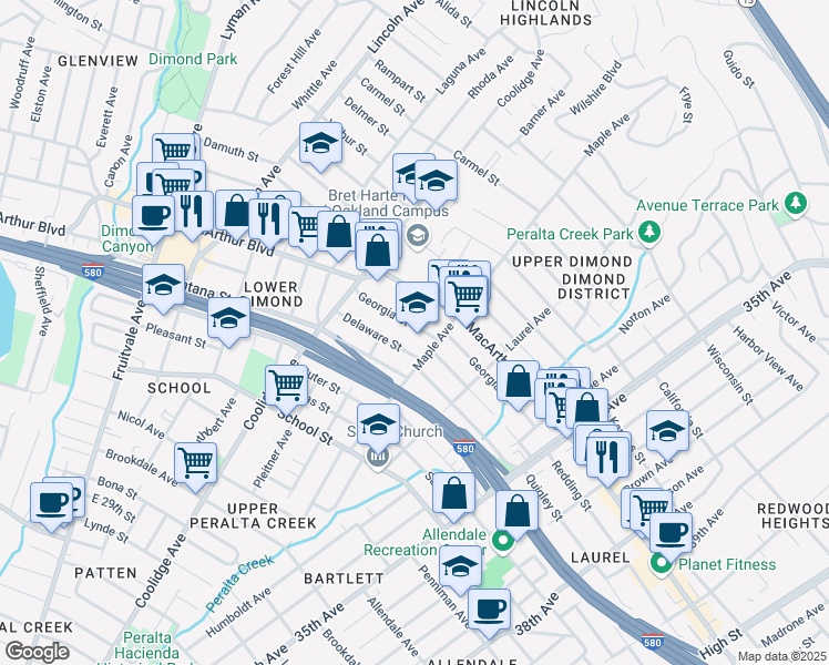 map of restaurants, bars, coffee shops, grocery stores, and more near 2951 Georgia Street in Oakland