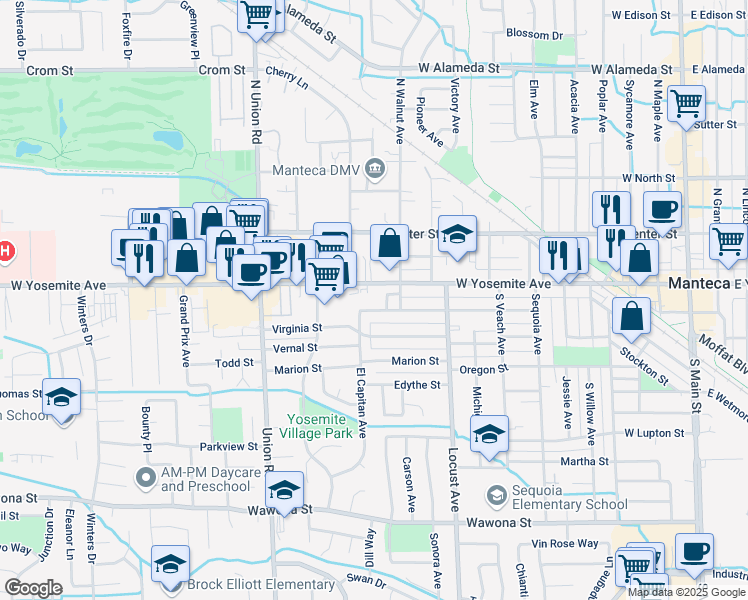 map of restaurants, bars, coffee shops, grocery stores, and more near 909 Nevada Street in Manteca