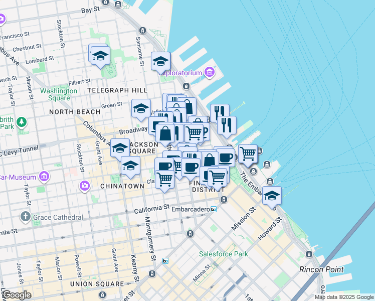 map of restaurants, bars, coffee shops, grocery stores, and more near 155 Jackson Street in San Francisco