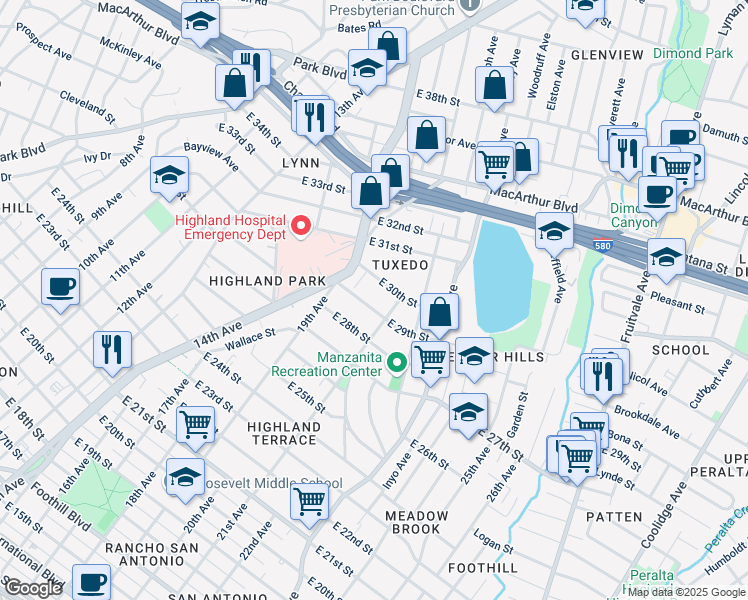 map of restaurants, bars, coffee shops, grocery stores, and more near 2016 East 29th Street in Oakland