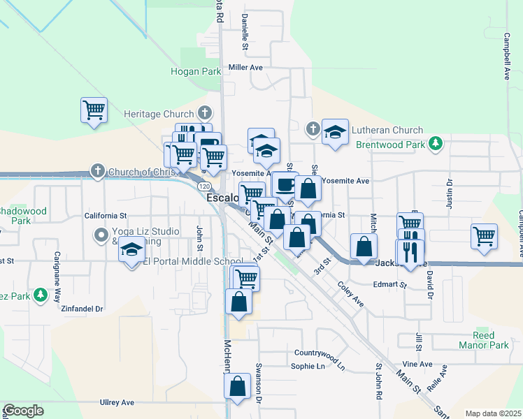 map of restaurants, bars, coffee shops, grocery stores, and more near 1512 California Street in Escalon