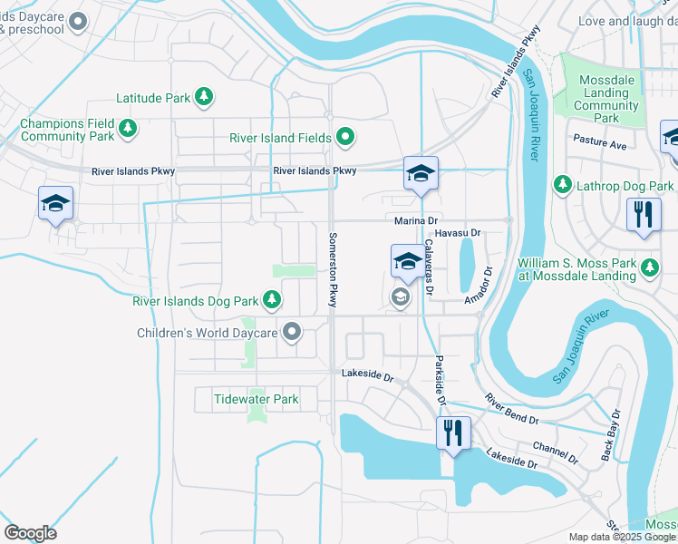 map of restaurants, bars, coffee shops, grocery stores, and more near 17822 Brightwood Avenue in Lathrop