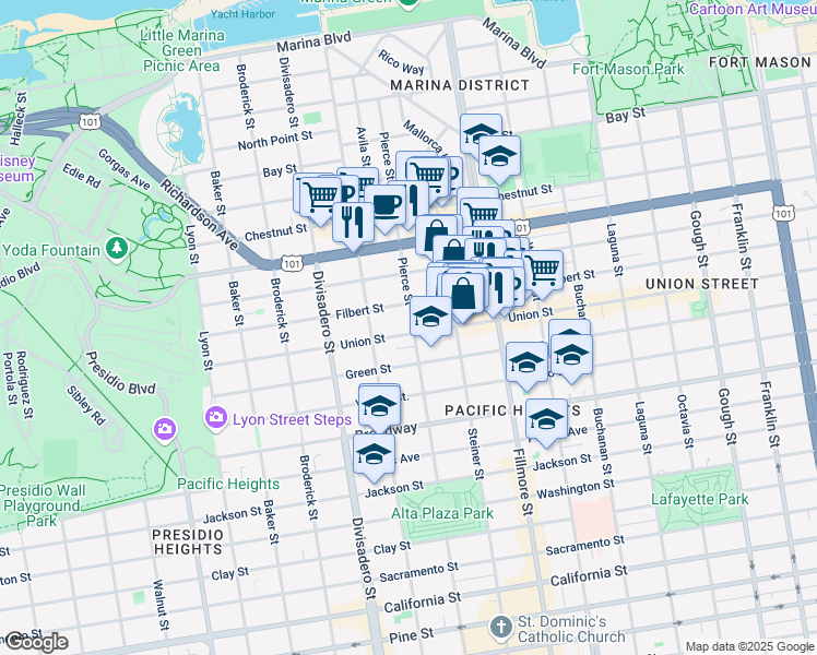 map of restaurants, bars, coffee shops, grocery stores, and more near 2901 Pierce Street in San Francisco