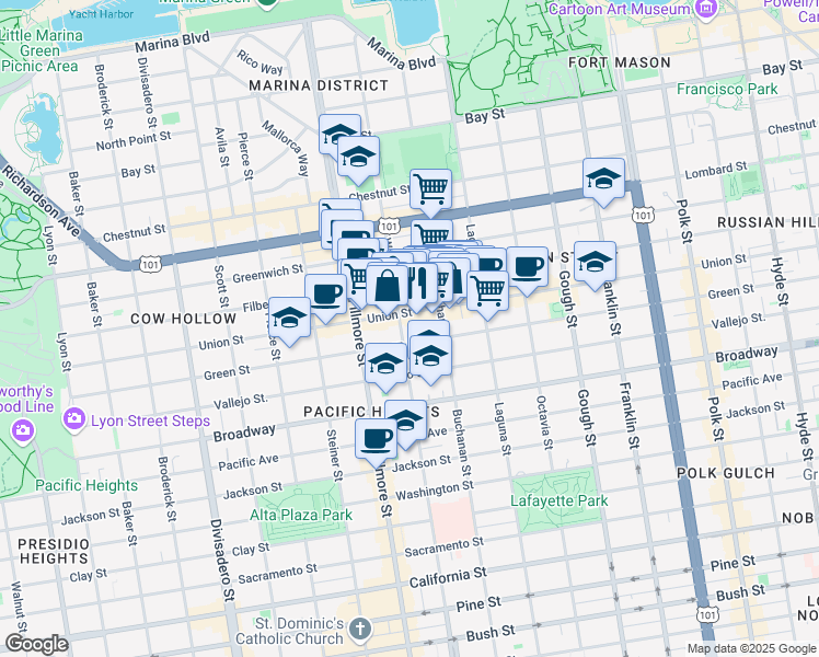 map of restaurants, bars, coffee shops, grocery stores, and more near 2828 Webster Street in San Francisco