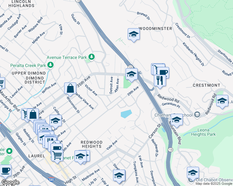 map of restaurants, bars, coffee shops, grocery stores, and more near 4212 Atlas Avenue in Oakland