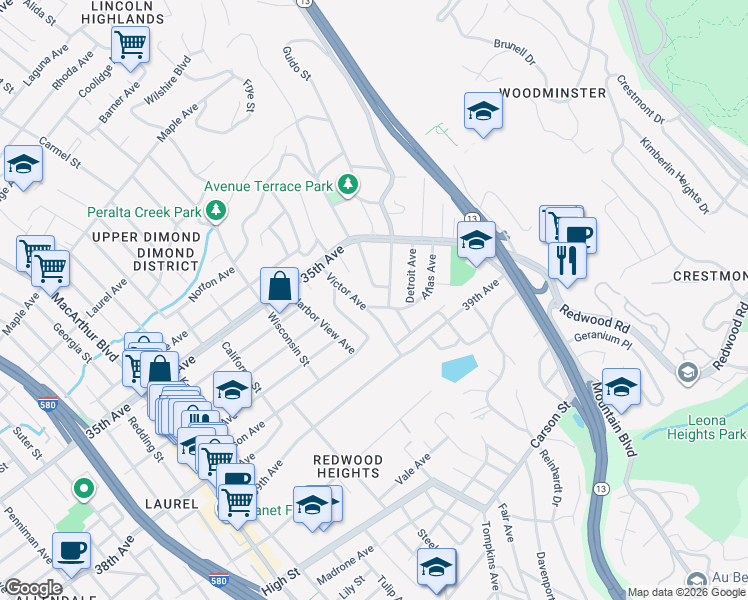 map of restaurants, bars, coffee shops, grocery stores, and more near 3715 Atlas Avenue in Oakland