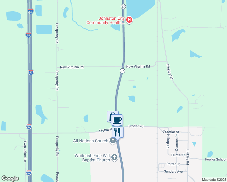 map of restaurants, bars, coffee shops, grocery stores, and more near 13881 Illinois 37 in Johnston City