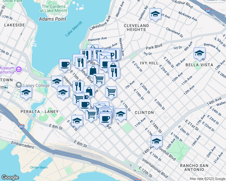 map of restaurants, bars, coffee shops, grocery stores, and more near in Oakland