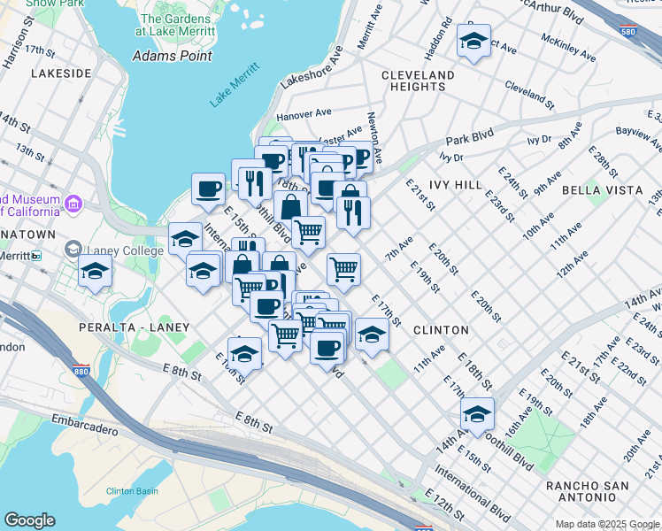 map of restaurants, bars, coffee shops, grocery stores, and more near 520 Foothill Boulevard in Oakland
