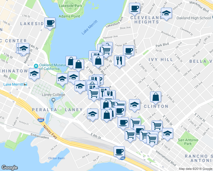 map of restaurants, bars, coffee shops, grocery stores, and more near 428 East 15th Street in Oakland